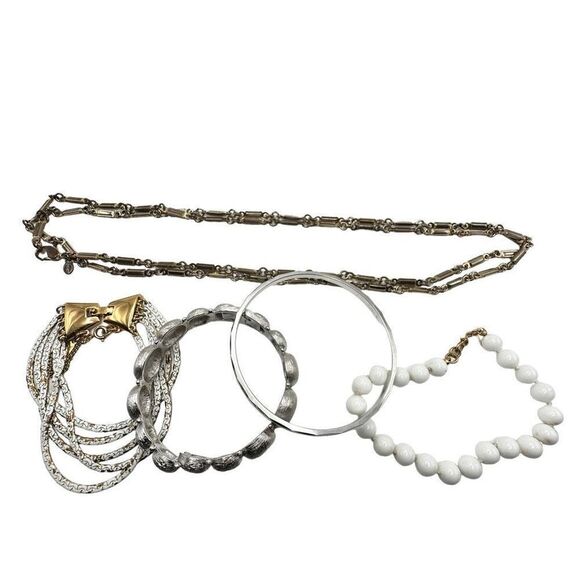 MONET 5 Piece Vintage Jewelry Lot 3 Bracelets 2 Necklaces Silver Tone and White - Picture 1 of 9